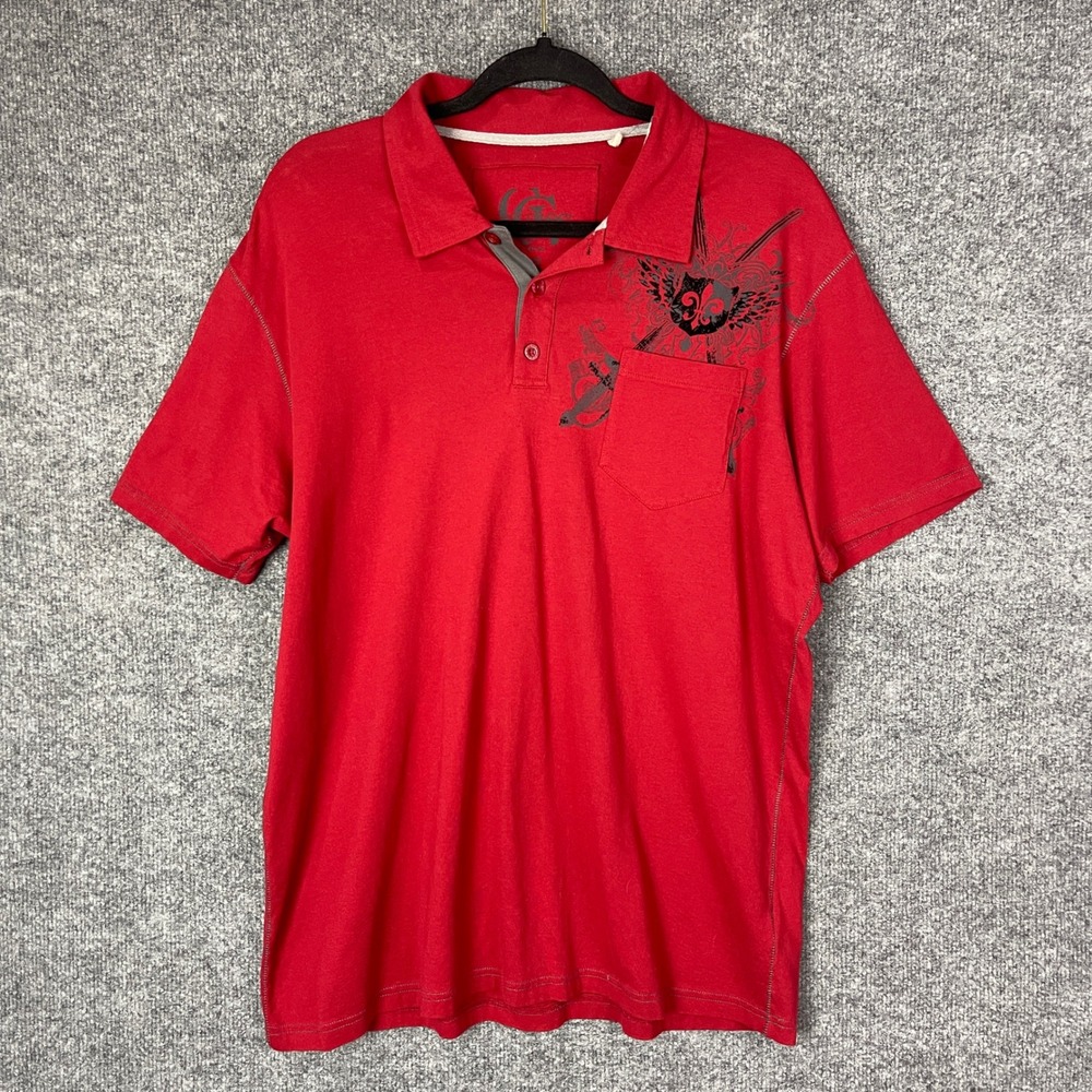NEW Y2K Guess Polo Shirt Mens XL Red Graphic Pocket Havana Red Short Sleeve
